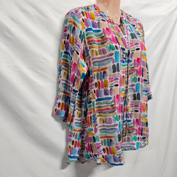 AP NY V Neck Hi-Lo Top Blouse Shirt Women Size M Colorful Cupro blend - Picture 10 of 15